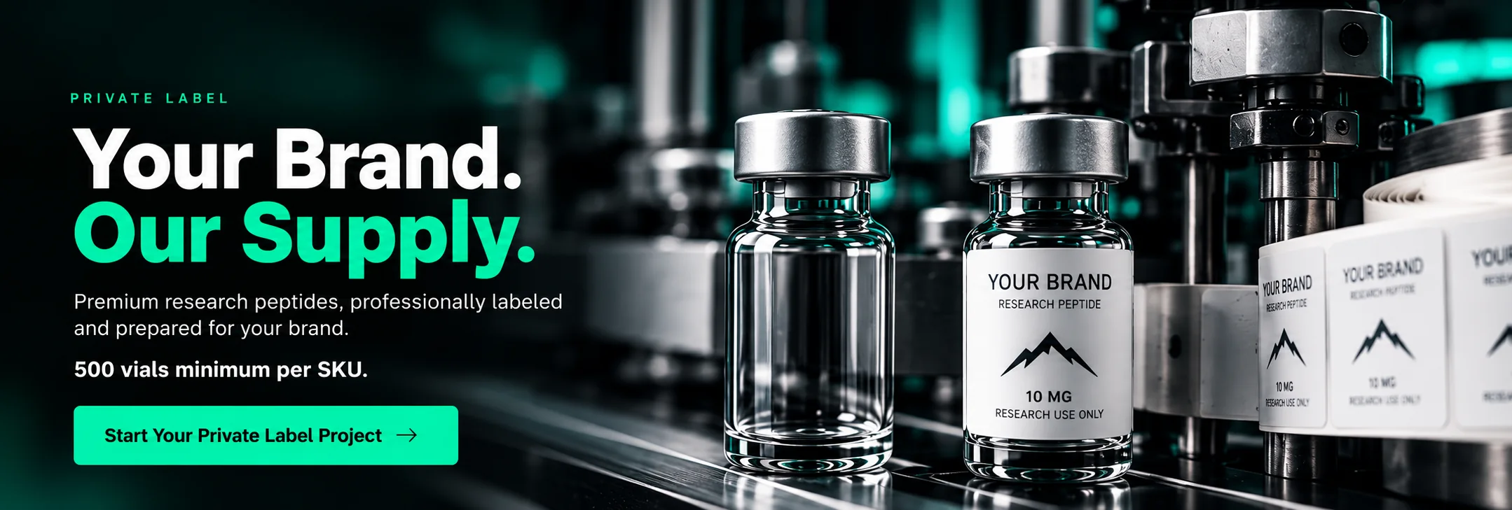 Research vials on a stainless labeling line; one vial carries a YOUR BRAND label.