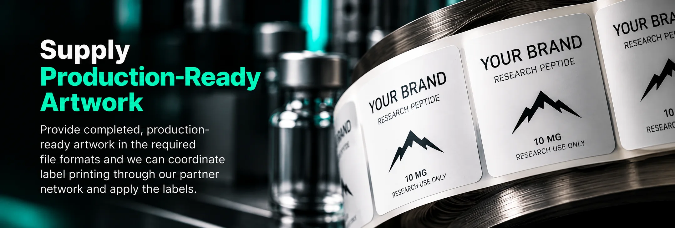 A roll of printed YOUR BRAND research-peptide labels.