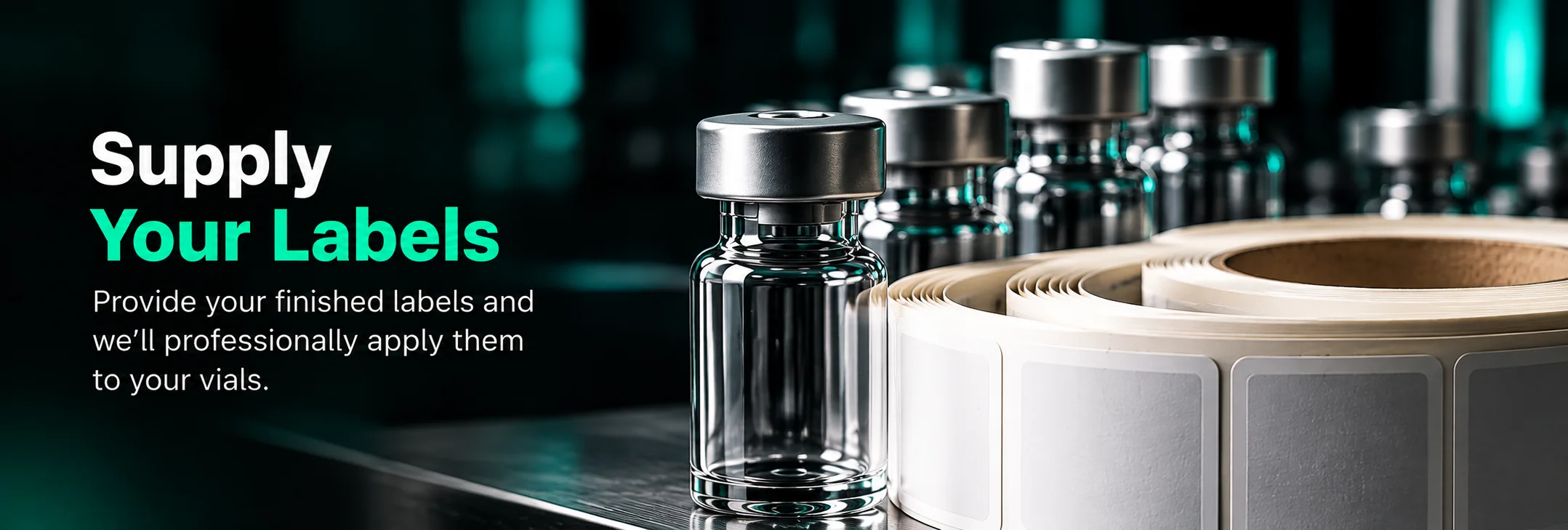 A clear research vial beside rolls of blank white labels on a stainless line.