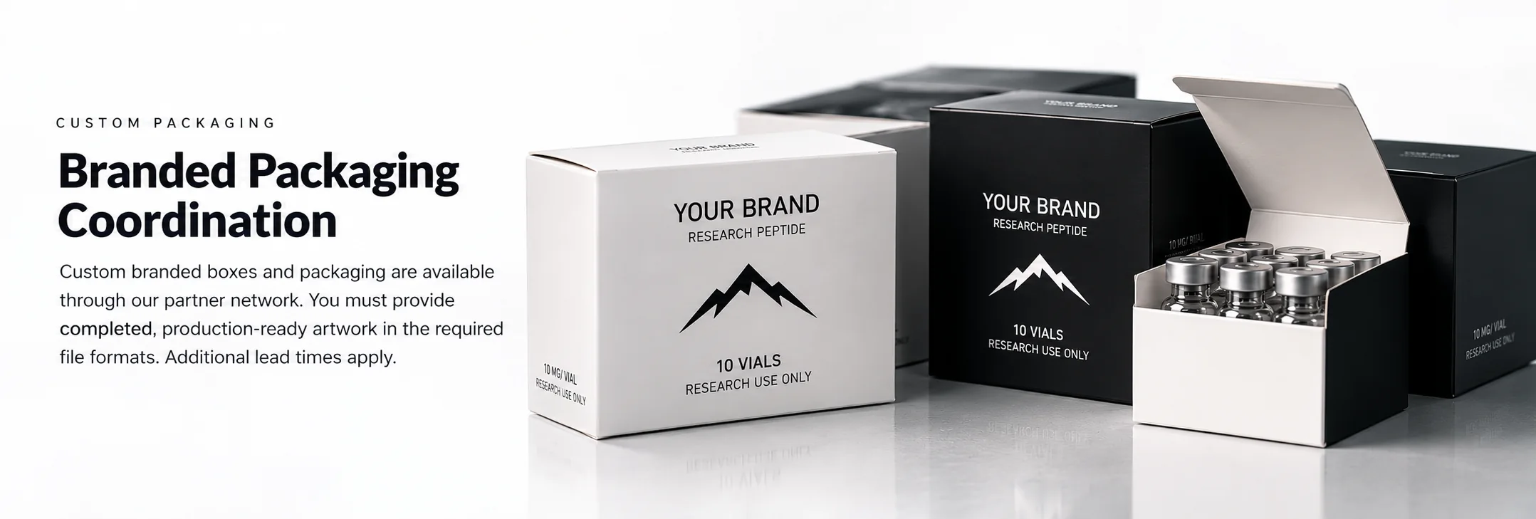 White and black YOUR BRAND research-peptide boxes, one open showing ten vials.