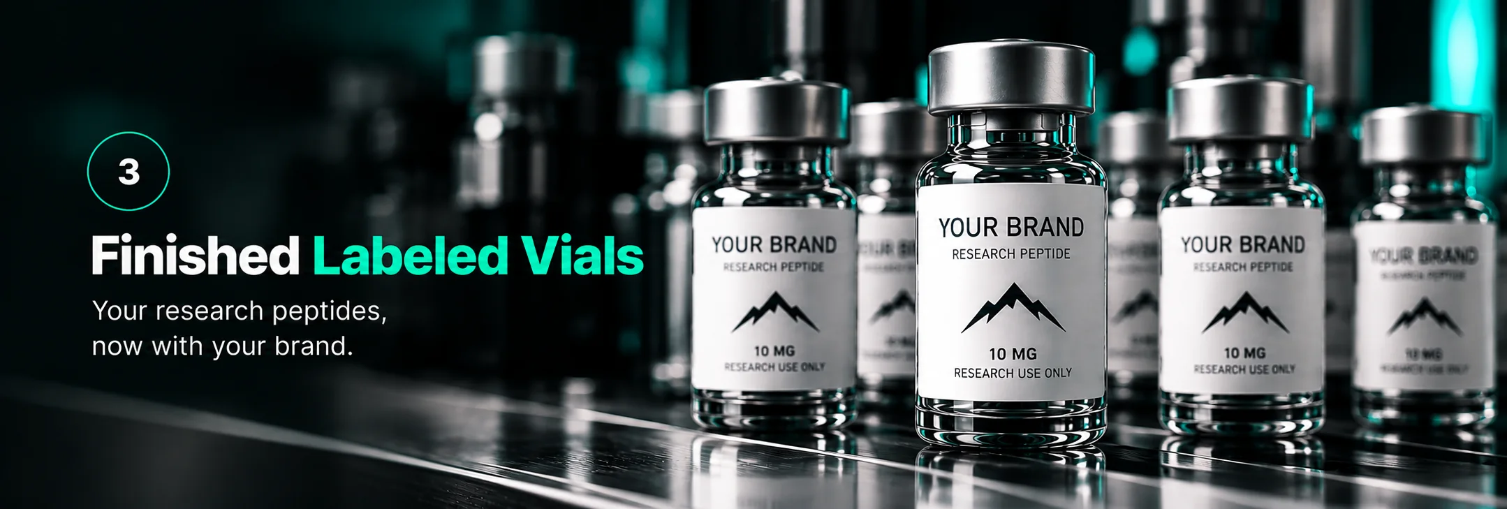 A row of finished research vials carrying YOUR BRAND labels.