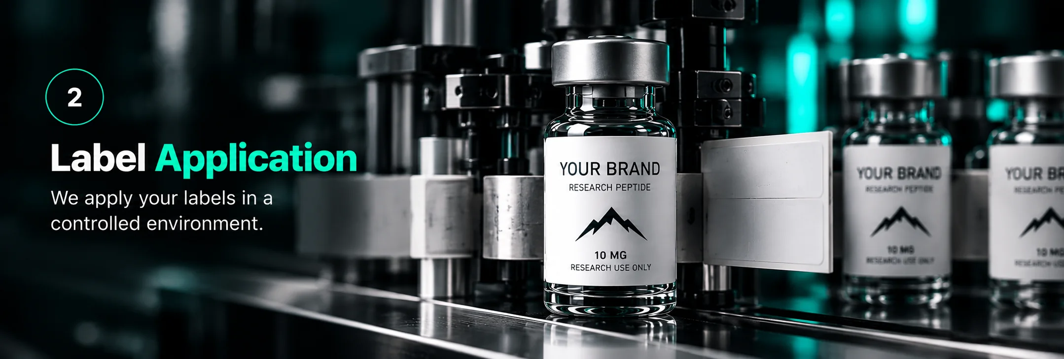 A research vial receiving a YOUR BRAND label at a labeling station.