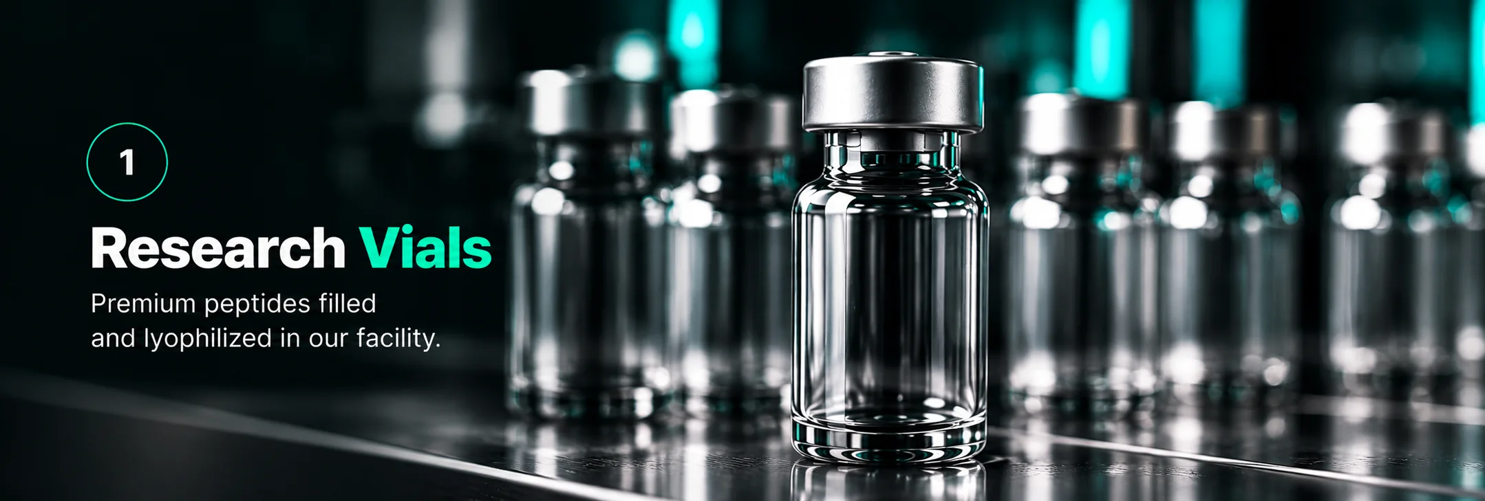 A single clear research vial with a silver seal in front of a row of vials.