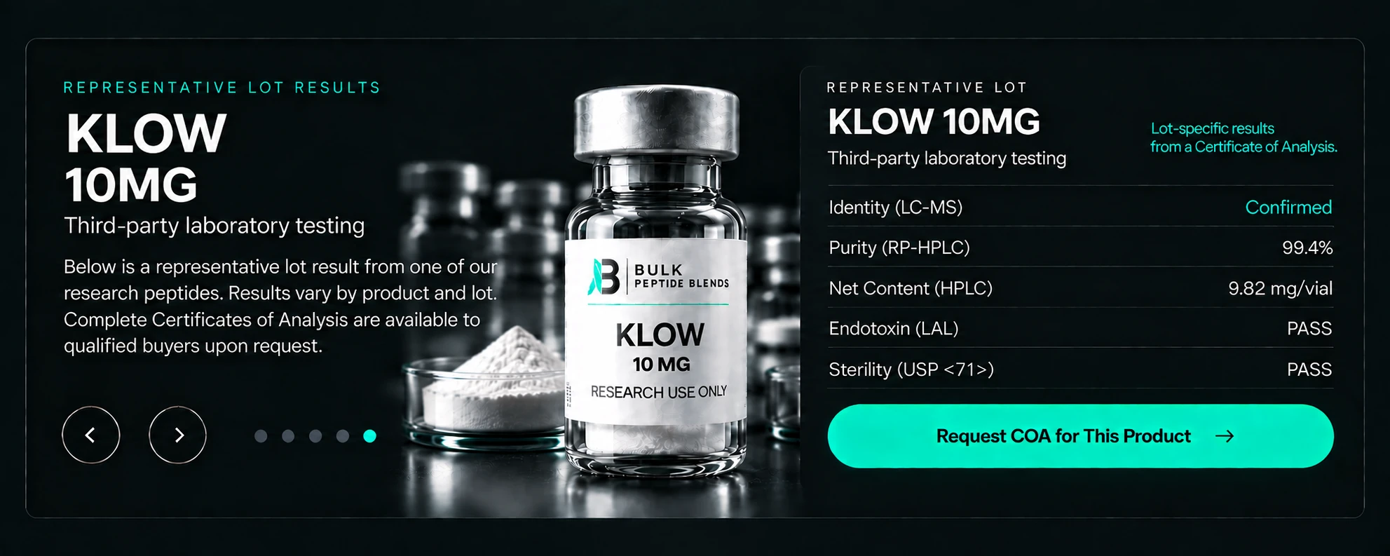 A Bulk Peptide Blends KLOW research vial with a silver cap on a dark lab surface.