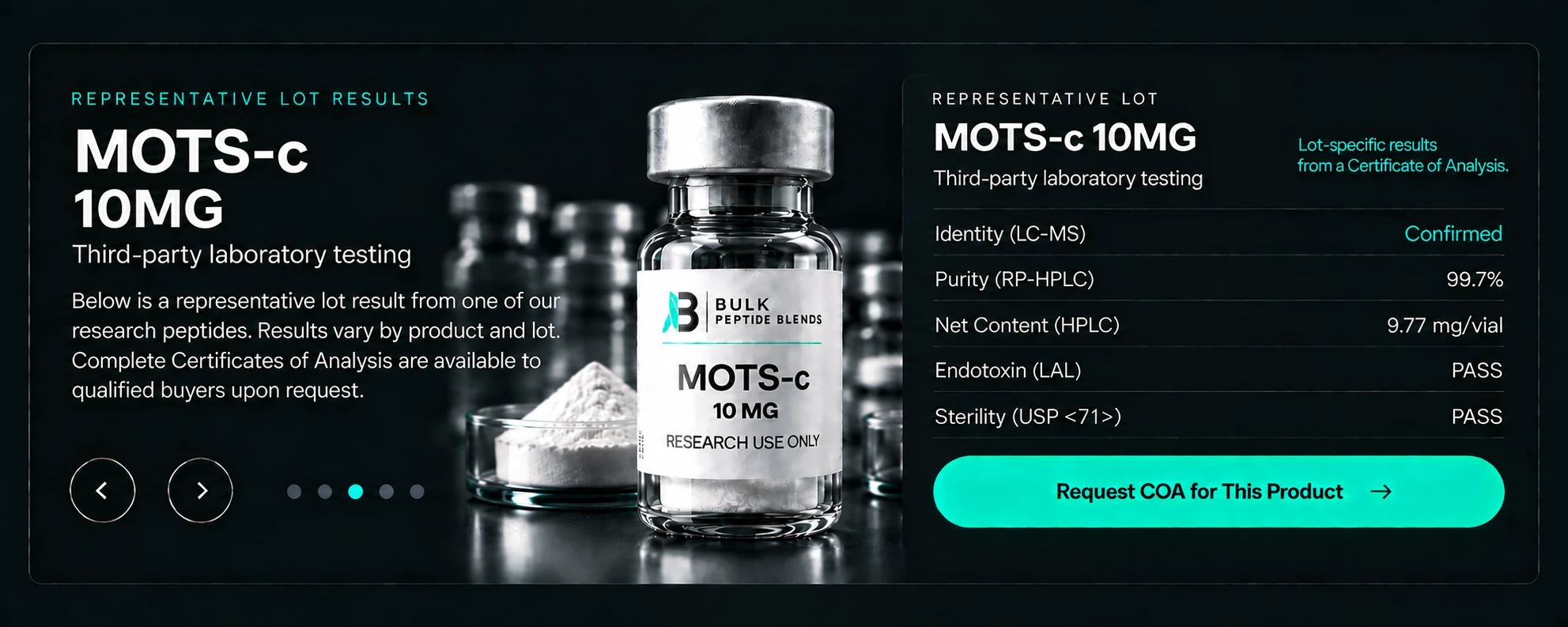 A Bulk Peptide Blends MOTS-c 10 MG research vial with a silver cap on a dark lab surface.