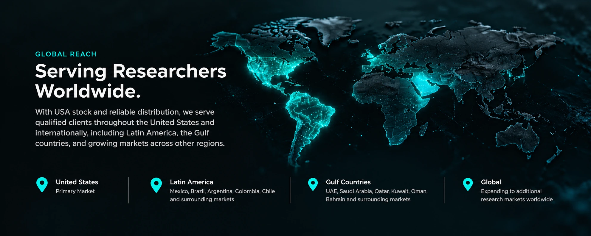 World map with North and South America and the Arabian Peninsula highlighted in teal.
