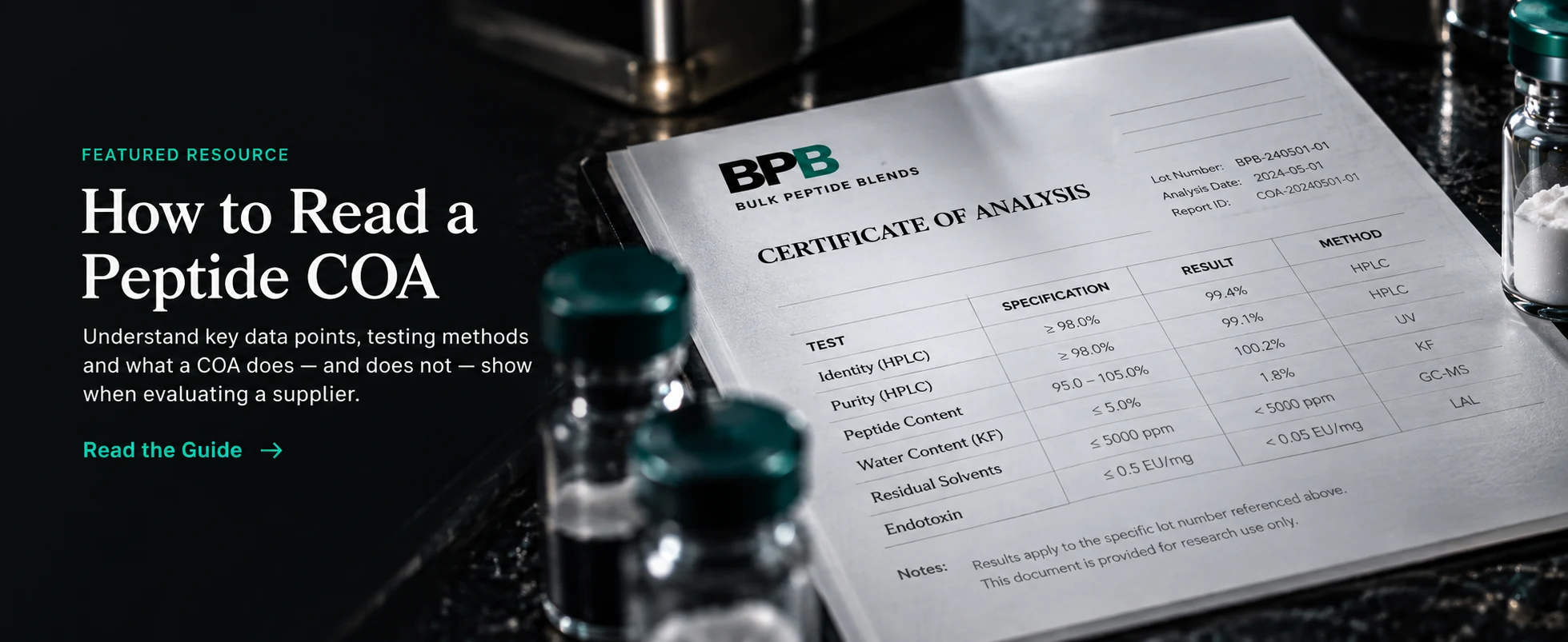 A Bulk Peptide Blends-branded sample Certificate of Analysis on a dark bench beside research vials.