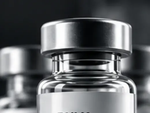 Macro photograph of a research peptide vial with a metal seal on a dark studio background.
